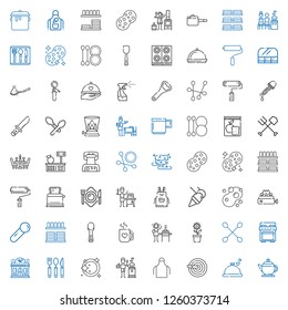 utensil icons set. Collection of utensil with teapot, dinner, knife, apron, stove, plate, cutlery, restaurant, cotton swab, pot, burner, mug. Editable and scalable utensil icons.