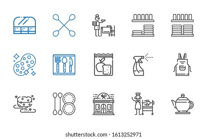 utensil icons set. Collection of utensil with teapot, rotisserie, restaurant, cotton swab, sponge, apron, tools and utensils, meal, cutlery. Editable and scalable utensil icons.