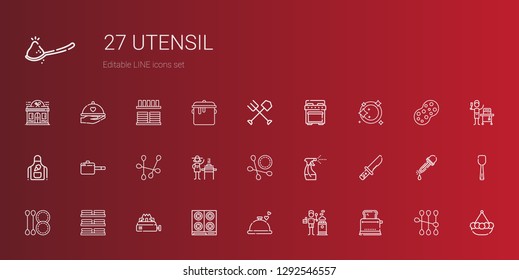 utensil icons set. Collection of utensil with toaster, stove, dinner, dishes, cotton swab, knife, tools and utensils, burner, pan, apron. Editable and scalable utensil icons.