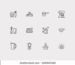 Utensil icons set. Grater and utensil icons with colander, coffee grinder, egg separator. Set of fresh for web app logo UI design.