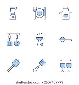 Utensil icons set. Line Duotone style, editable stroke. tea, glass, apron, whisk, barbecue, kitchen utensils, spatula, eating, mixer blender.
