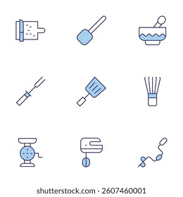 Utensil icons set. Line Duotone style, editable stroke. scoop, meat grinder, spatula, fork, whisk, cutting board, mixer, drill, mortar.
