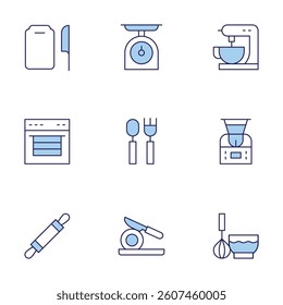 Utensil icons set. Line Duotone style, editable stroke. rolling pin, cutting board, cutting, oven, scale, cutlery, whisk, robot, mixer.