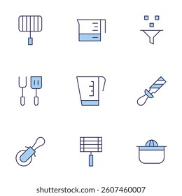 Utensil icons set. Line Duotone style, editable stroke. pizza cutter, grill, spatula, squeezer, measure cup, rasp, filter.