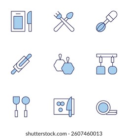 Utensil icons set. Line Duotone style, editable stroke. loofah, kitchenware, rolling pin, cutting board, whisk, kitchen utensils, cutlery.