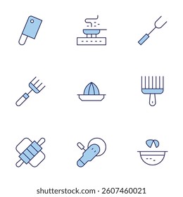 Utensil icons set. Line Duotone style, editable stroke. afro comb, fork, juicer, pan, egg, butcher, dough, polisher.