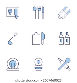 Utensil icons set. Line Duotone style, editable stroke. dish rack, cooking, dish, cutlery, knife, ladle, round, tongs.