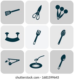 Utensil icons set with measuring spoon, tableware, turner and other spatula elements. Isolated vector illustration utensil icons.