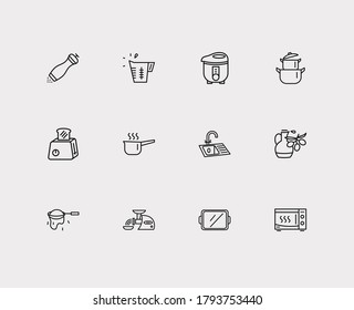 Utensil icons set. Pepper mill and utensil icons with egg separator, olive oil and meat grinder. Set of fresh for web app logo UI design.