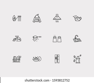 Utensil Icons Set. Salt With Pepper And Utensil Icons With Stove Hood, Dish Drainer And Sink. Set Of Grind For Web App Logo UI Design.