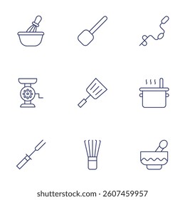 Utensil icons set. Thin Line style, editable stroke. whisk, scoop, meat grinder, spatula, fork, drill, boiling, mortar.