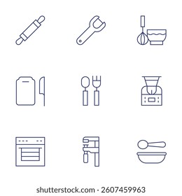 Utensil icons set. Thin Line style, editable stroke. rolling pin, cutting board, oven, peeler, cutlery, vernier caliper, whisk, robot, plate.
