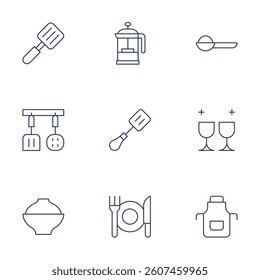 Utensil icons set. Thin Line style, editable stroke. tea, glass, apron, cooker, french press, kitchen utensils, spatula, soup, eating.