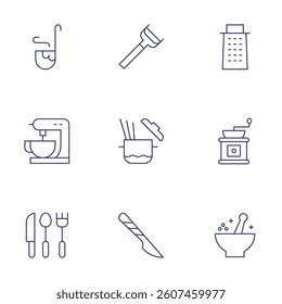 Utensil icons set. Thin Line style, editable stroke. peeler, pasta, scalpel, grater, grinder, mortar, ladle, mixer, cutlery.