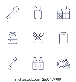 Utensil icons set. Thin Line style, editable stroke. cutting board, ladle, scale, cutlery, round, kitchen, clean dishes.