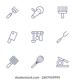 Utensil icons set. Thin Line style, editable stroke. afro comb, fork, cutting, butcher, grill, polisher, rack, mixer.