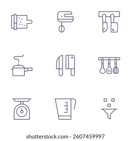 Utensil icons set. Thin Line style, editable stroke. cutting board, scale, pressure cooker, mixer, measure cup, knives, knife, filter.