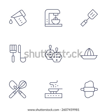 Utensil icons set. Thin Line style, editable stroke. mixer, spatula, loofah, juicer, pan, rolling pin, measure cup, kitchen tools, whisk.