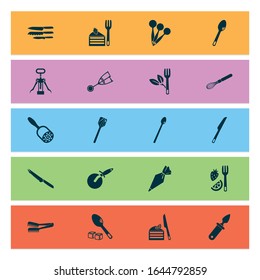 Utensil icons set with tomato knife, corkscrew, cutlery and other turner elements. Isolated vector illustration utensil icons.