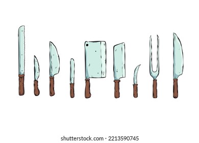Utensil knife illustration isolated set illustration for halloween , cooking class or food menu in restaurants