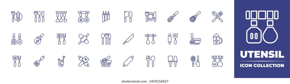 Utensil line icon collection. Editable stroke. Vector illustration. Containing utensils, cooking utensils, kitchen utensils, whisk, rolling pin, ladle, cutlery, turner, pizza cutter, knife.