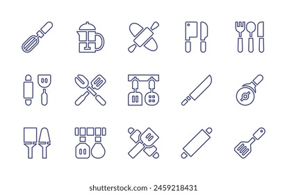 Utensil line icon set. Editable stroke. Vector illustration. Containing kitchen utensils, rolling pin, utensils, turner, french press, kitchen tools, pizza cutter, whisk, knife, barbecue.