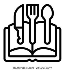 Utensil on recipe book line icon, culinary cooking concept. Vector graphics. Cooker book with spoon, fork and knife sign on white background, style mobile or design