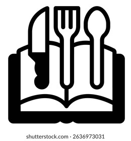 Utensil on recipe book solid icon, culinary cooking concept. Vector graphics. Cooker book with spoon, fork and knife sign on white background, style mobile or design