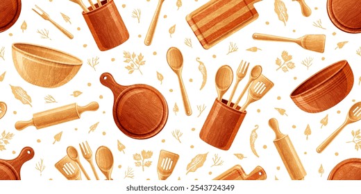 Utensil pattern. Kitchen background with utensils from wood. Food tool vector seamless design. Cook chef pattern. Pizza plate, bamboo bowl, spoon bg. Doodle cooking utensil and wooden tool background