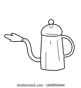 Utensil for preparing coffee, vector isolated line art, linear illustration of coffee pot. Trendy flat outline ink style, good as icon, logo for coffee shop, hand drawn artwork.