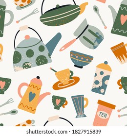 Utensil seamless pattern. Hand drawn textured colorful kitchen cartoon ceramic tableware, cute teapot, cup and mug, plate and bowl creative design textile, wrapping paper, wallpaper vector texture