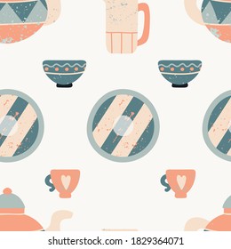 Utensil seamless pattern. Hand drawn textured colorful kitchen cartoon ceramic tableware, cute teapot, cup and bowl creative design textile, wrapping paper, wallpaper vector texture