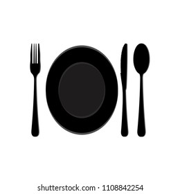 Utensil set, dish, fork, spoon and knife black and white style