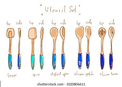 Utensil Set  line drawings of tools used in the kitchen for baking, muffin tray, whisk, loaf pan, rolling pin, pizza peel, oven thermometer, apron, oven mitts, micro plane zest VECTOR .