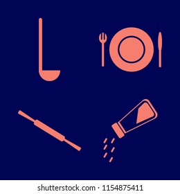 utensil vector icons set. with ladle spoon, plate folk knife, rolling pin and salt shaker in set