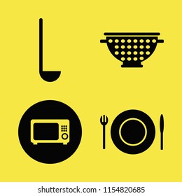 utensil vector icons set. with plate folk knife, ladle spoon, colander and microwave in set