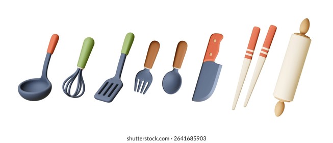 Utensils 3d icons. Ladle, spatula, rolling pin, whisk, fork spoon and knife. Isolated kitchen tools for eating and cooking, trendy realistic vector design