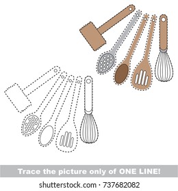 Utensils to be traced only of one line, the tracing educational game to preschool kids with easy game level, the colorful and colorless version.