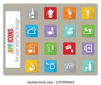 utensils for beverage icons set in flat design with long shadows