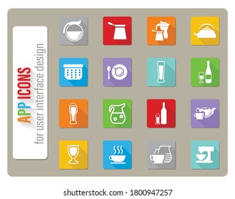 utensils for beverage icons set in flat design with long shadows