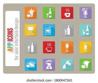 utensils for beverage icons set in flat design with long shadows