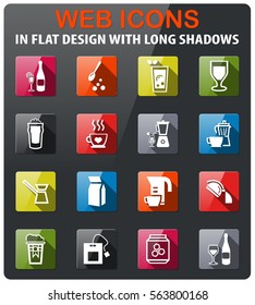 utensils for beverage icons set in flat design with long shadows