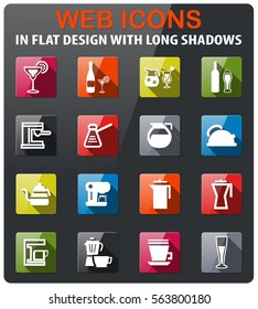 utensils for beverage icons set in flat design with long shadows