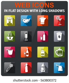 utensils for beverage icons set in flat design with long shadows