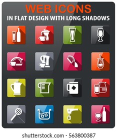 utensils for beverage icons set in flat design with long shadows