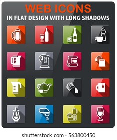 utensils for beverage icons set in flat design with long shadows