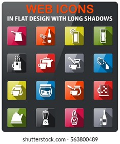 utensils for beverage icons set in flat design with long shadows