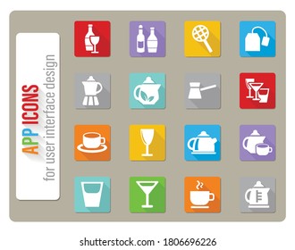 utensils for beverages icons set in flat design with long shadow