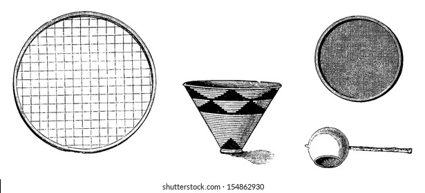 Utensils from Bie in Angola in Southern Africa - Large Sieve for Drying Rice, Water Pail, Cloth Strainer, Large Spoon for Basting, vintage illustration. Le Tour du Monde, Travel Journal, 1881