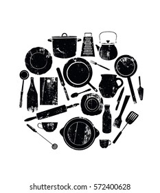 Utensils. Black Grunge Cutlery.  Kitchenware in Circle on White Background. Vector illustration. 